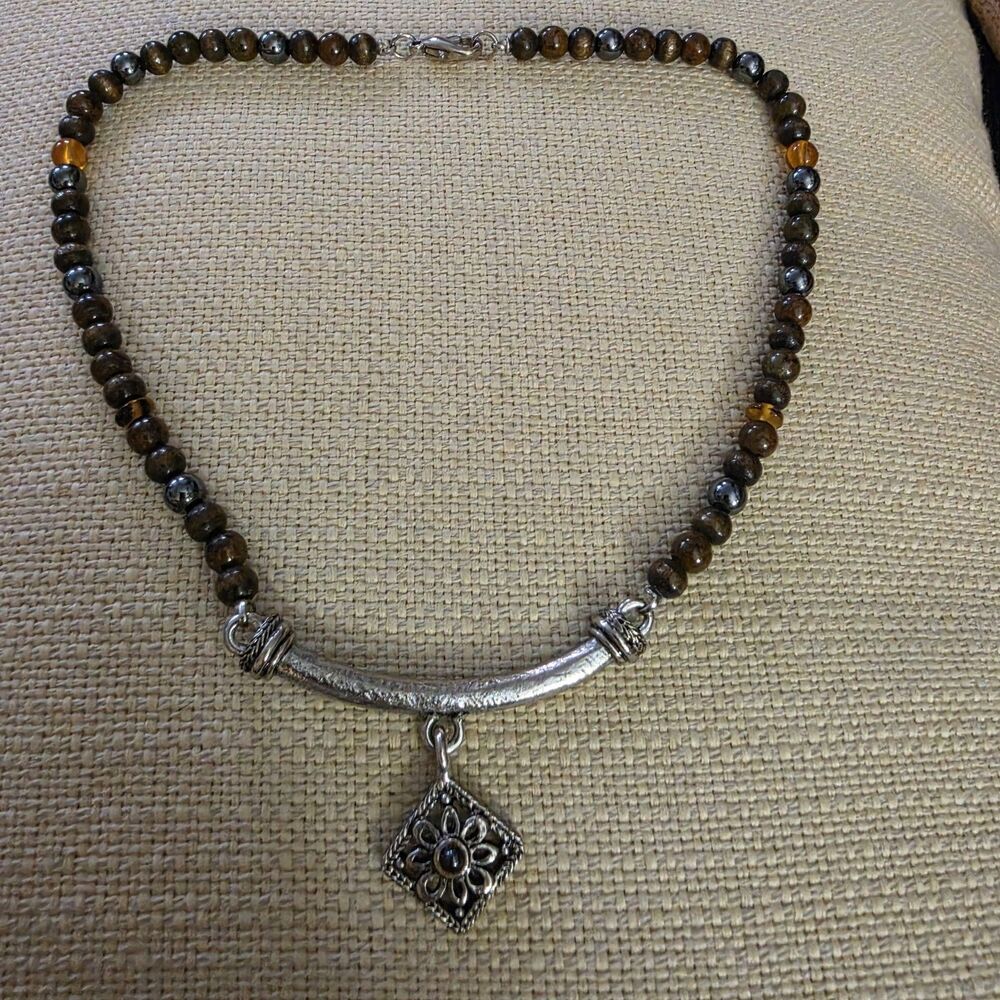 Tiger's Eye Hematite Beaded Necklace Silver Plated Square Charm Pendant Lobster